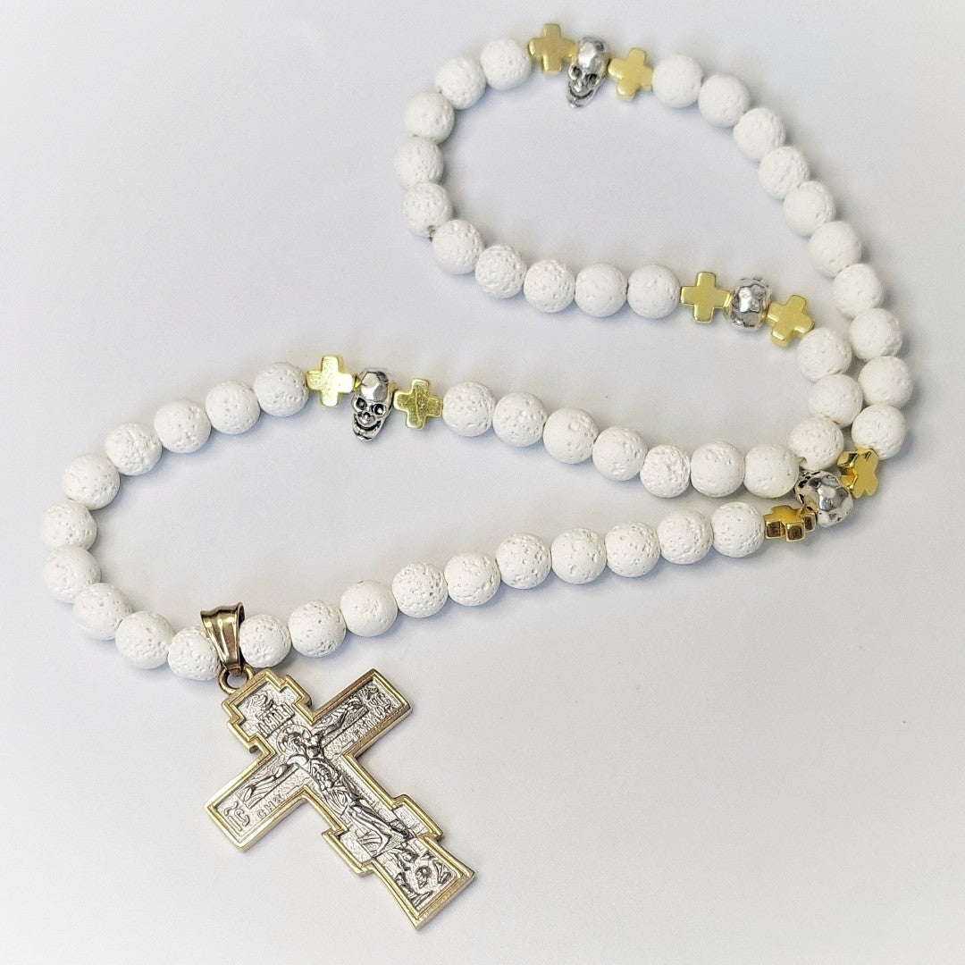 White Volcanic stones Prayer Rope with Skulls Orthodox