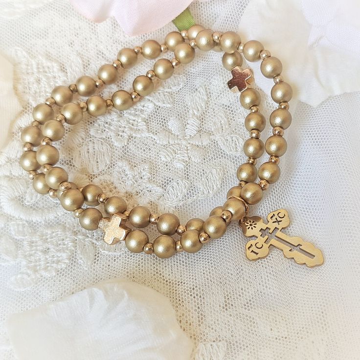 Wearable Orthodox Christian Prayer Rope bracelet in matte and shiny Gold