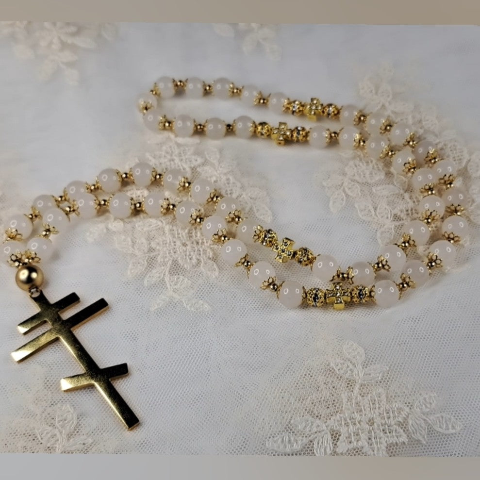 Prayer Rope with White Chalcedonies and Golden Orthodox Cross