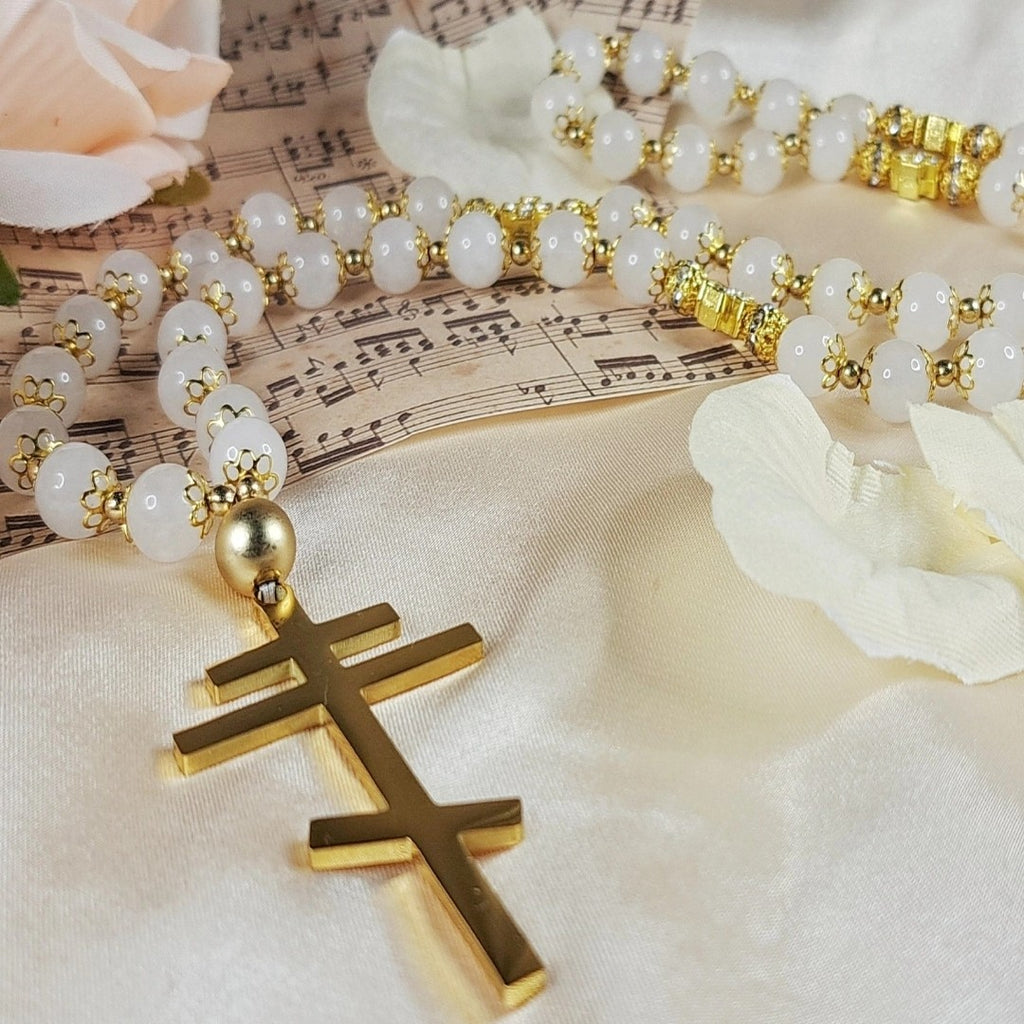 Prayer Rope with White Chalcedonies and Golden Orthodox Cross