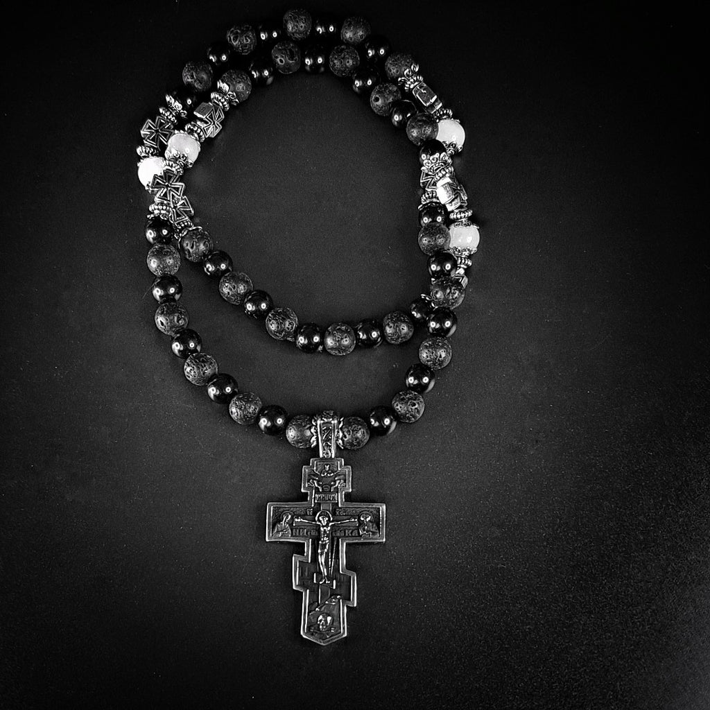 Prayer Rope with Moon Stones, Lava and Onyx