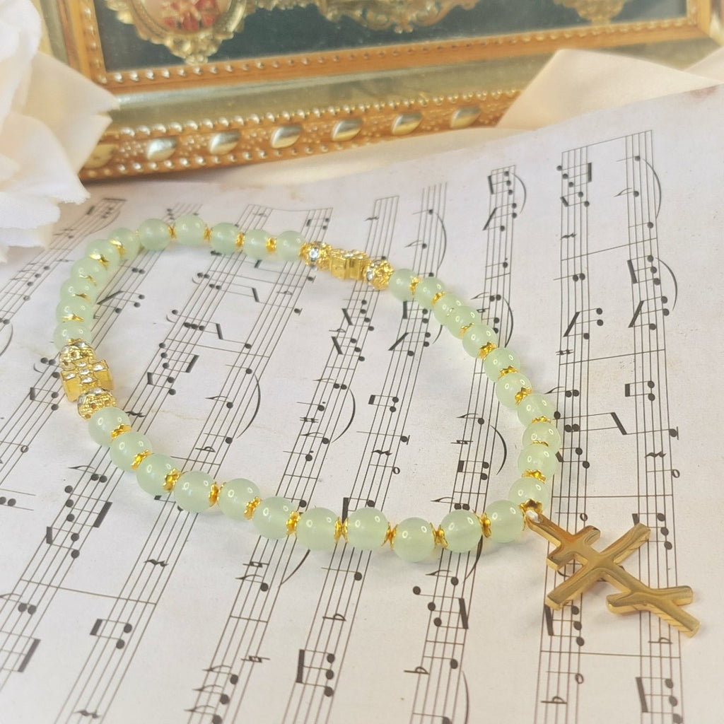 Prayer Rope with Green Jades and Golden Orthodox Cross