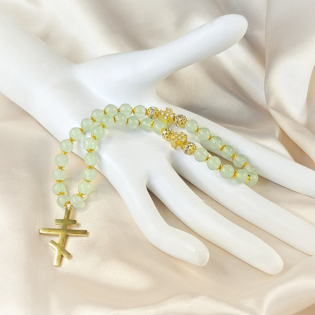 Prayer Rope with Green Jades and Golden Orthodox Cross