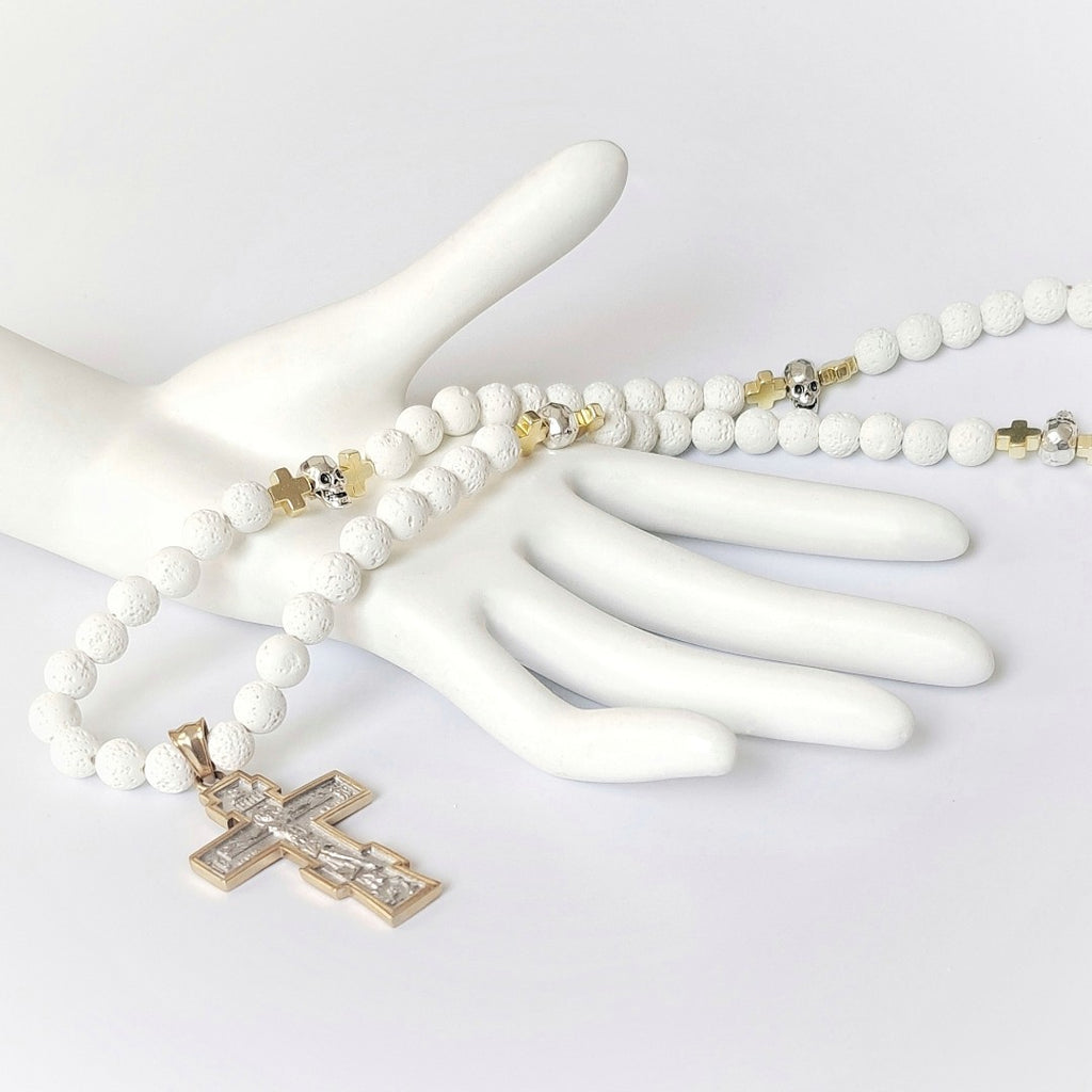 White Volcanic stones  Prayer Rope with Skulls Orthodox