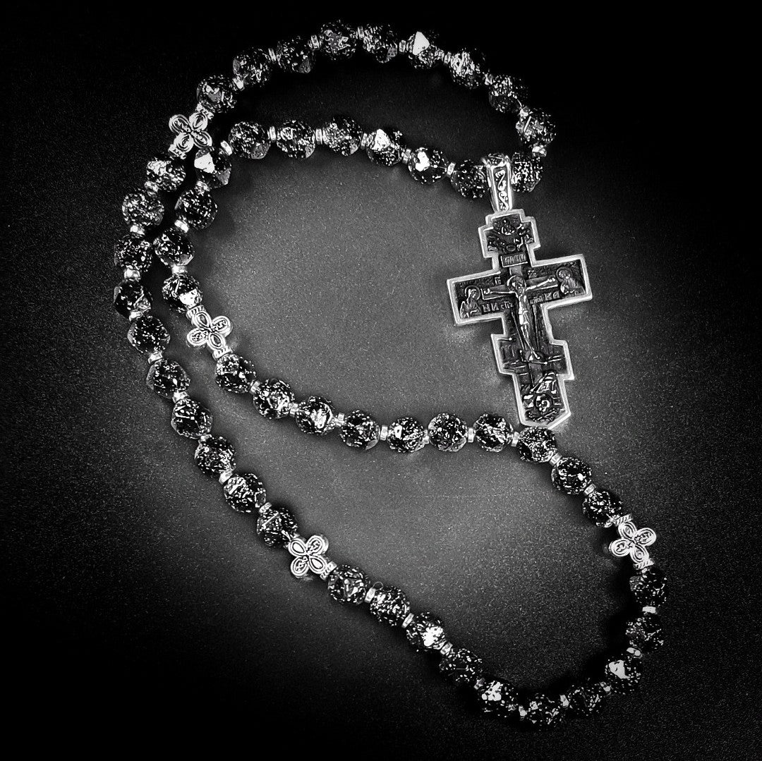Mount Athos Orthodox Christian Prayer Rope with Gun Black Faceted Lava Stones
