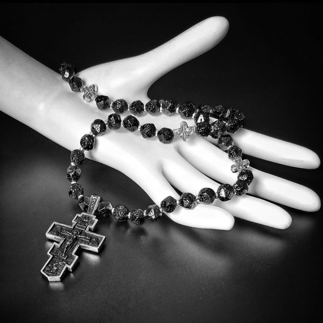 Mount Athos Orthodox Christian Prayer Rope with Gun Black Faceted Lava Stones